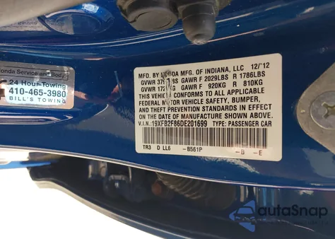 2013 Honda Civic Ex from USA, damaged, VIN 19XFB2F86DE201699